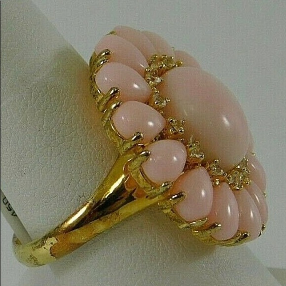 Pink Opal and White Zircon Floral Ring Vermeil Yellow Gold Over Sterling Silver - Picture 4 of 6